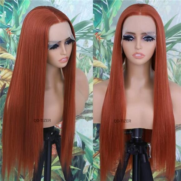 Streaks Heat Resistant Fiber Hair Synthetic Lace Front Wigs - #Ginger main image 4